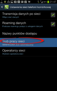 menu --> aplikacje --> ustawienia --> więcej... -->  tryb pracy sieci